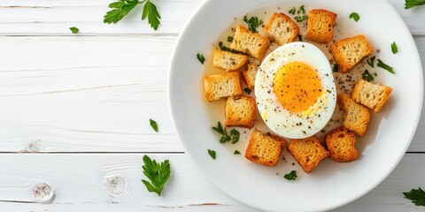 Poster - Nutritious meal. English breakfast featuring a boiled egg and croutons on a white wooden background.