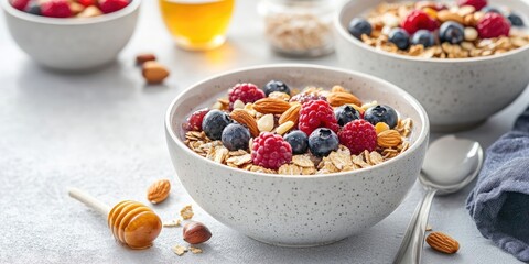 Aufkleber - Bowls of muesli with berries, nuts, and honey served for breakfast on a white table, set against a grey background.