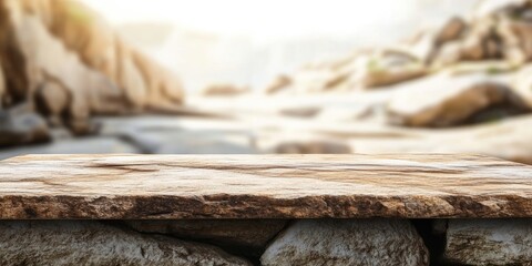 Poster - Empty stone board table in front of a blurred background. Perspective of brown rock against a blurred white backdrop.