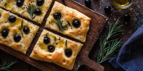 Poster - Classic Italian Focaccia topped with black olives and rosemary - homemade flatbread focaccia.