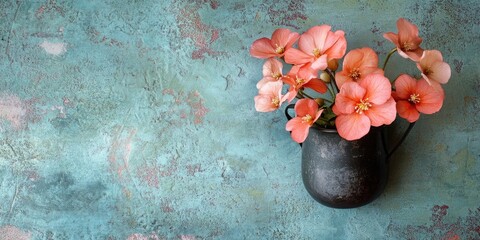 Aufkleber - Begonia flowers rest in a cup on a textured background. Flat lay.