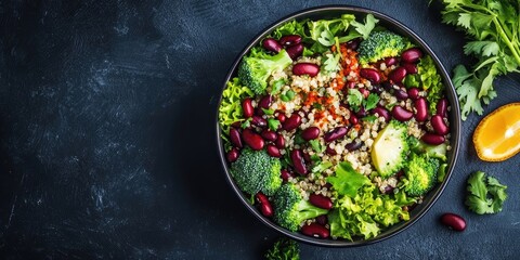 Poster - Quinoa salad featuring broccoli, red beans, paprika, and greens. Superfood and healthy eating idea. Top view. Copy space.