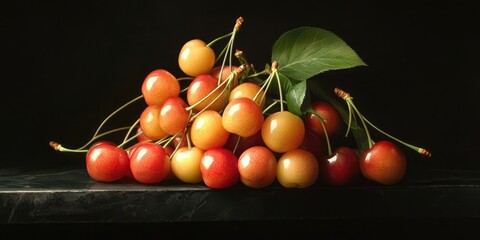 Poster - Rainier cherries arranged in a still life on a black background.