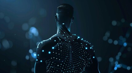 Poster - Digital particles are forming a human body from the back, representing future technology, artificial intelligence and innovation in the medical field