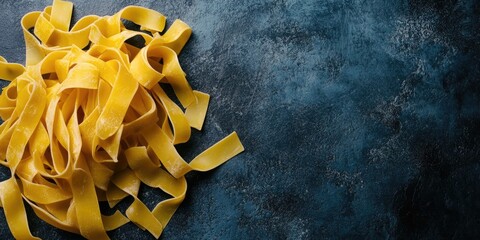 Aufkleber - Italian pasta food backdrop. Fresh vegan Italian pasta with spinach (Spinach Fettuccine Alfredo Pasta) on a dark surface. Vintage kitchen background. Copy space.