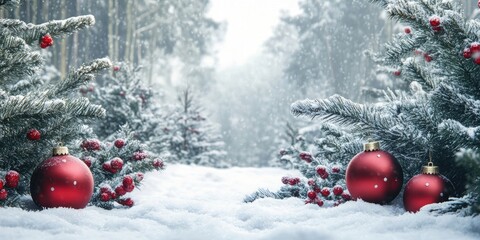 Leinwandbilder - Beautiful Christmas ornaments amidst a snowy forest, banner design. Area for text