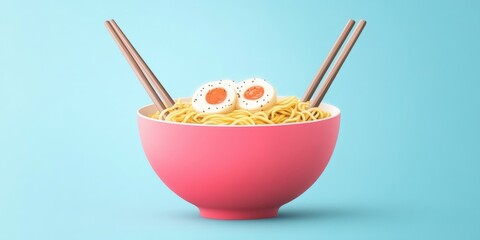 Poster - Japanese ramen noodle soup. Concept of traditional Japanese cuisine. A tasty and nutritious meal. Presented in a vibrant pink bowl against a pastel blue background.