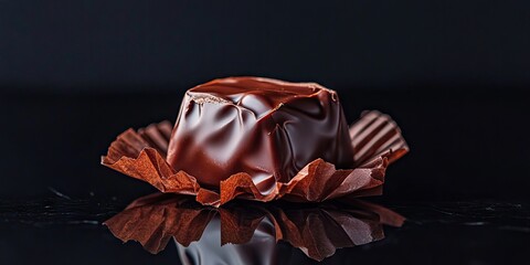 Poster - Close-up of a milk chocolate candy wrapped in ruffled paper, set against black glass. Represents confectionery and enjoyment.