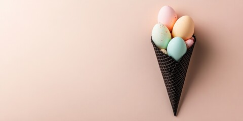 Poster - Easter eggs in a black ice cream cone on a pastel beige background. Flat lay, Easter theme with copy space.