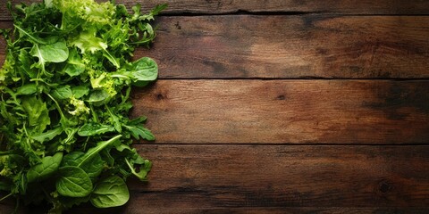 Poster - Fresh green salad featuring spinach, arugula, and lettuce on a wooden table with copy space.