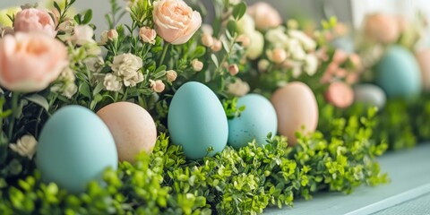 Aufkleber - Easter decoration featuring Easter eggs, boxwood, and flowers.