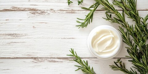 Poster - Cosmetic creams and rosemary on a white wooden surface.