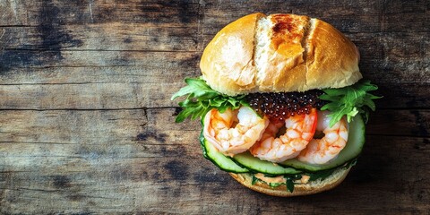 Poster - Burger, a sandwich containing shrimp, avocado, caviar, and cucumber. Set against a wooden background. Top view. Copy space.