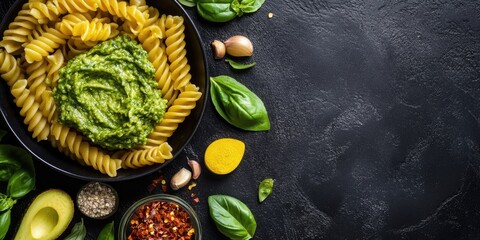 Wall Mural - Pasta Fusilli with green avocado basil sauce and ingredients on a black background. Selective focus. Top view. Copyspace.