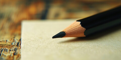 Fototapete - Blank paper with a black pencil on a wooden surface. Soft focus.