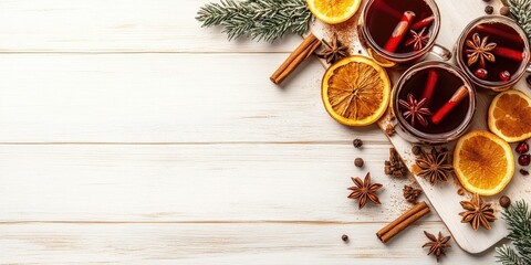 Aufkleber - Christmas food backdrop - mulled wine. Ornamental border of spices and drinks on a white wooden board. Top view. Preparation of the beverage.