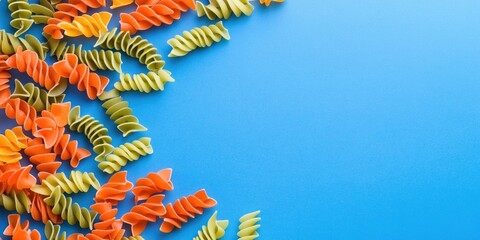 Poster - Top view of a colorful raw pasta pattern on a blue background with copy space.