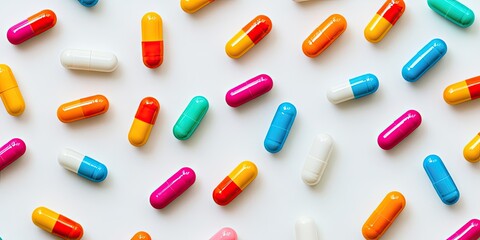 Aufkleber - Color capsules. Medicine pills on a white background in a top view pattern with copy space.