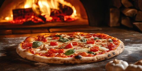 Aufkleber - Freshly baked pizza from the oven on the table.