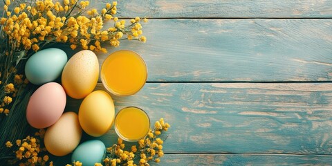 Poster - Brightly colored Easter eggs and mimosa arranged on a wooden surface.