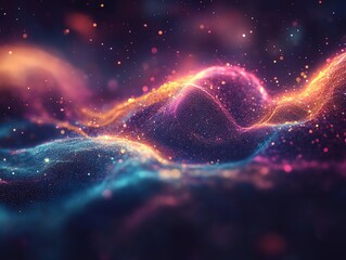 Poster - Abstract glowing particles forming vibrant waves.