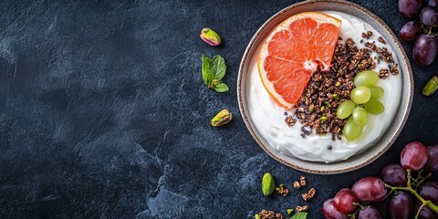 Aufkleber - Seasonal nutritious breakfast: yogurt, chocolate granola, pink grapefruit, grapes, pistachios Top view Copy space