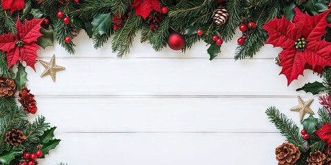 Poster - Christmas holiday arrangement on a white wooden background with copy space for your text.