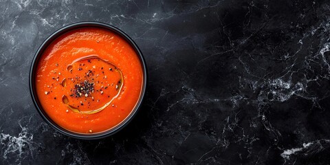 Aufkleber - Bowl of roasted tomato and red bell pepper soup, viewed from above on a black marble background, horizontal shot with space.