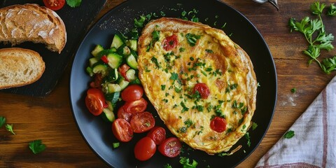 Poster - Breakfast with an omelette, vegetables, and bread.