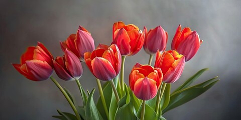 Aufkleber - A close-up soft focus of a bouquet of vibrant tulips against a gray background.