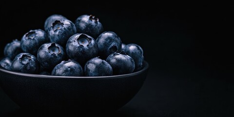 Poster - Fresh, juicy blueberries in a bowl against a black background. Low key photography.