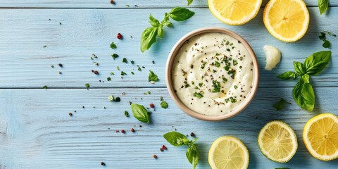 Poster - Delicious tartar sauce and ingredients arranged on a light blue wooden table, top view. Copyspace available.