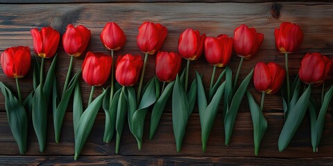 Poster - Red tulips on a wooden surface.