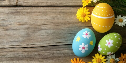 Aufkleber - Colorful Easter eggs accompanied by lovely flowers on a wooden background.