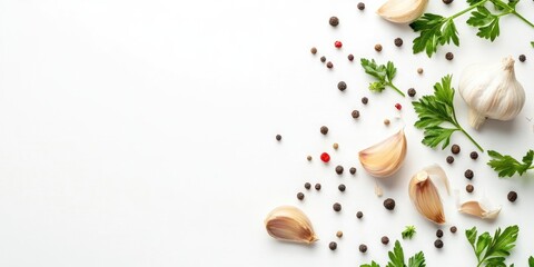 Poster - Garlic accompanied by peppercorns and parsley, isolated on a white background with copy space for your text. Top view. Flat lay.