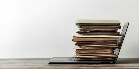 Leinwandbilder - Laptop with a pile of folders on a table against a white background