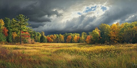 Aufkleber - Grassy meadow featuring a patch of goldenrod and trees displaying autumn leaves in the background. Storm clouds overhead.
