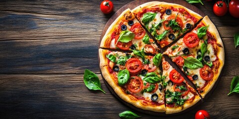 Poster - Vegetable Italian pizza topped with tomatoes on a wooden surface, copyspace, top view.