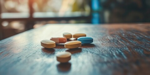 Aufkleber - Selective focus on assorted pills on a wooden table with copy space.