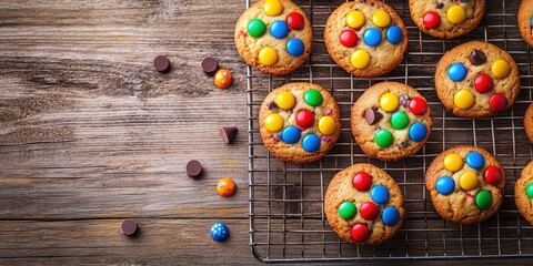Aufkleber - Cookies topped with colorful candies and chocolate chips on a wire rack. Wooden background. Copy space. Toned.