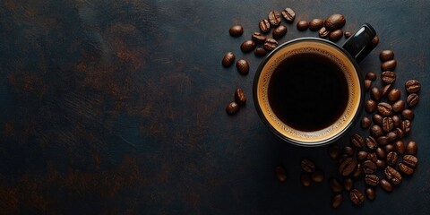 Aufkleber - A top view of a cup of black coffee alongside beans on a dark background.