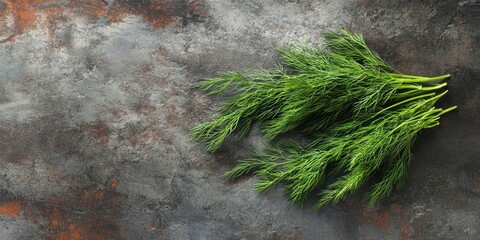 Poster - A bunch of fresh dill on a weathered rustic background. Top view, flat lay, copyspace.