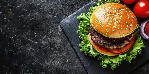 Poster - Fast food idea: Homemade hamburger on a black slate plate with copyspace.