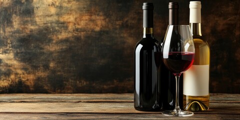 Aufkleber - Unopened bottles of red and white wine. Wine bottles and an empty wine glass on a rustic wooden table. Copy space.