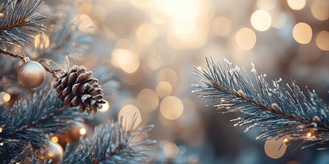 Poster - Close-up of a pine branch adorned with decorations. Background for Christmas and New Year holidays. Vintage color tone. Copyspace for your text.