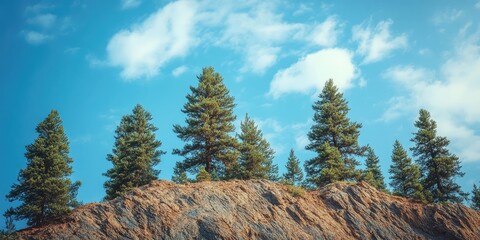 Poster - Short pine trees are arranged along the top of the mountain, set against a blue sky backdrop.