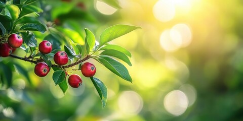 Poster - Red ripe dogwood fruits from the Cornus tree in an organic garden with a blurred backdrop of greenery, showcasing natural products and a bountiful harvest. Copy space for your text.
