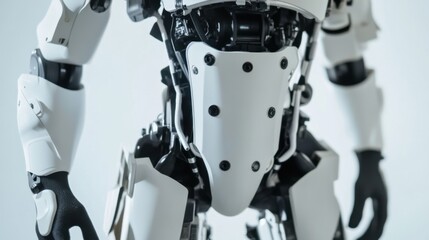 Poster - A detailed close-up of a humanoid robot's exoskeleton support structure, demonstrating ergonomic design and physical assistance capabilities, Robotics technology style