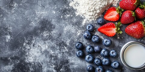 Aufkleber - Preparing ingredients for a bakery: blueberries, strawberries, flour, and milk on a grey stone background, shown up close with copy space and top view.