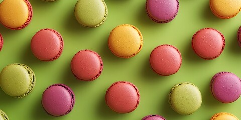 Poster - Aerial perspective of vibrant, colorful macaroons on a green backdrop.
